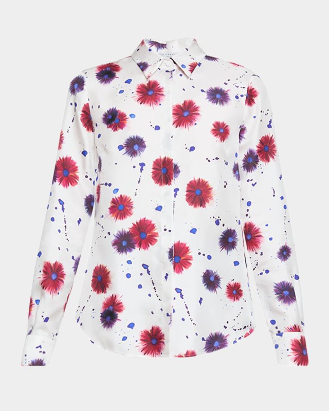 Henri Flower Splatter Paint-Print Silk Blouse